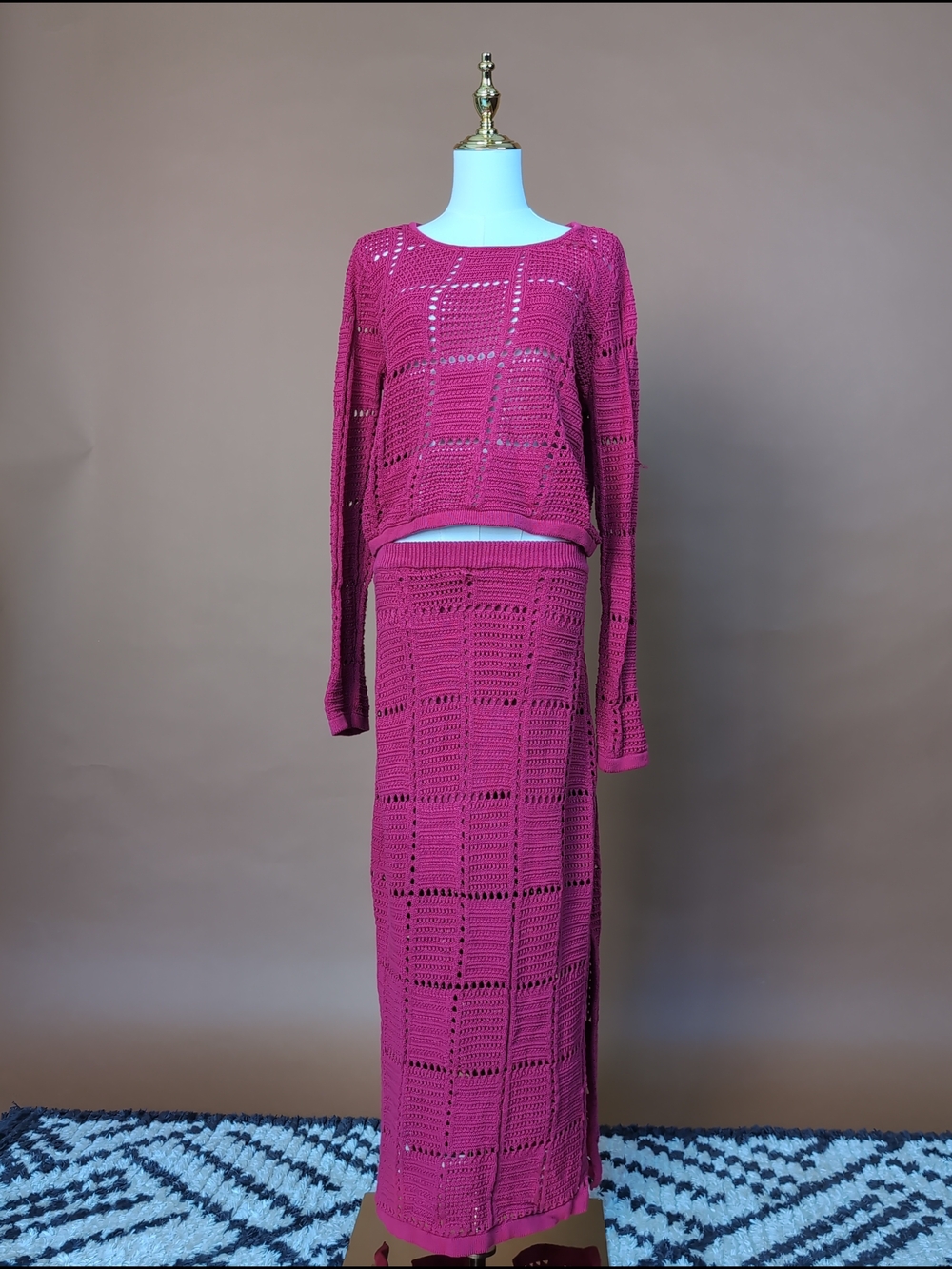 Vibrant Ultra Pink Pointelle Knit Skirt Set in Magenta Model Off-Duty